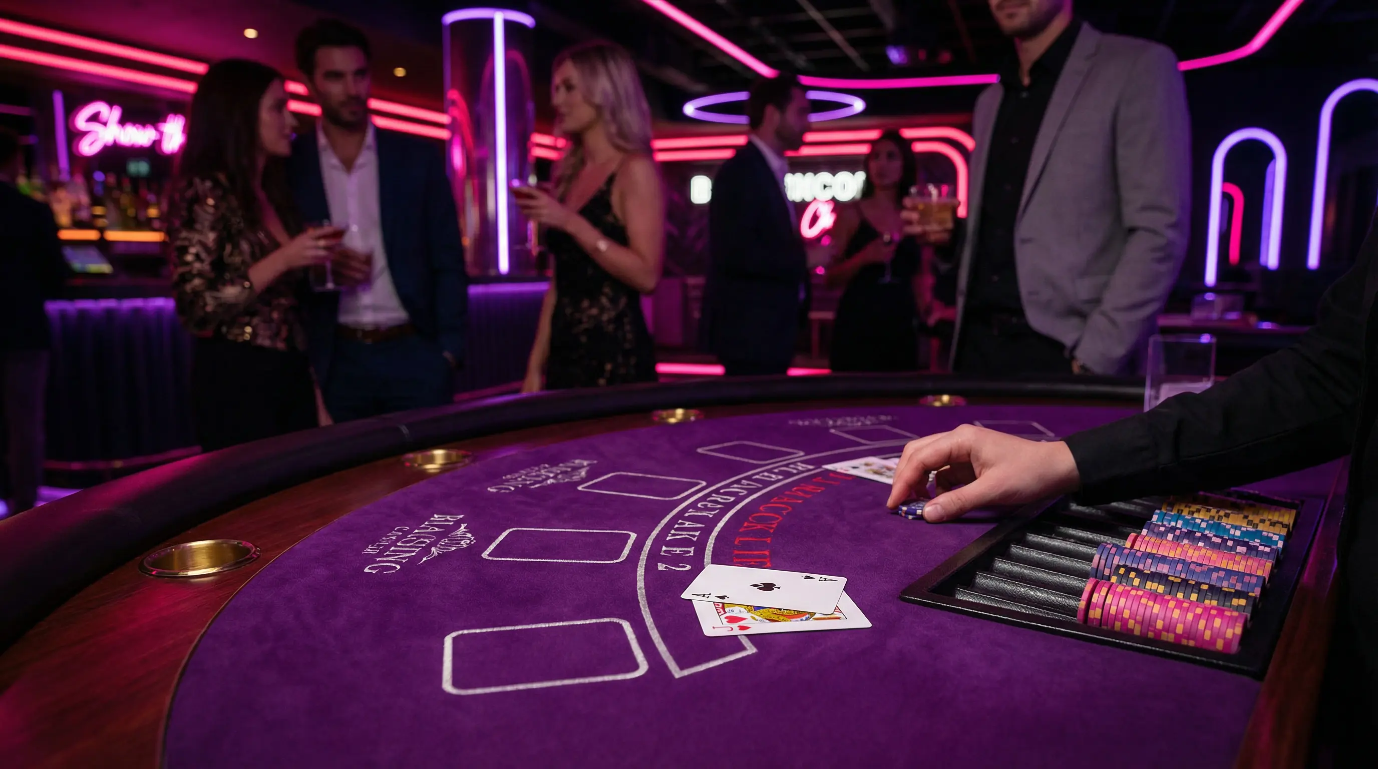 Mesa de blackjack con cartas y fichas